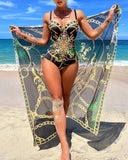 Baroque Chain Print Jewel Detail Swimsuit & Wrap Skirt Set