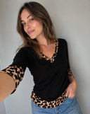 Elegant Black Blouse with Leopard Accents