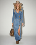 Elegant Long Denim Dress with V-Neck