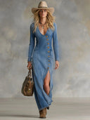 Sophie | Elegant Long Denim Dress with V-Neck 0