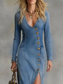 Sophie | Elegant Long Denim Dress with V-Neck 1