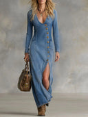 Sophie | Elegant Long Denim Dress with V-Neck 3
