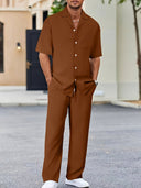 Casual Polyester Shirt Set with Button Front and Drawstring Pants