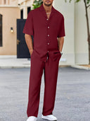 Casual Polyester Shirt Set with Button Front and Drawstring Pants